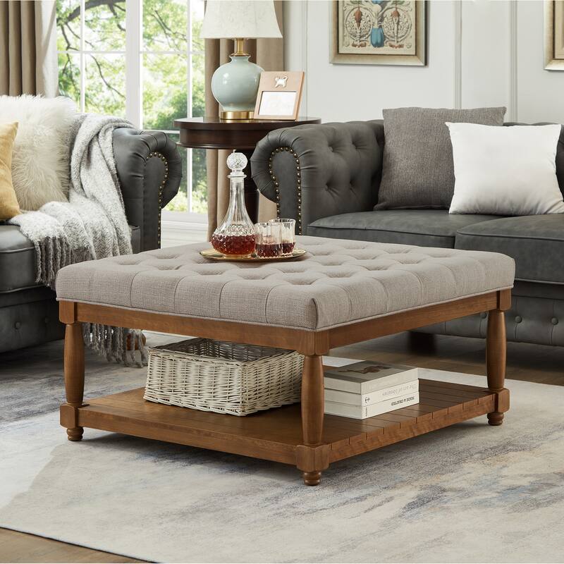 Large Square Upholstered Tufted Linen Ottoman Coffee Table, Large Footrest Ottoman with Solid Wood Shelf