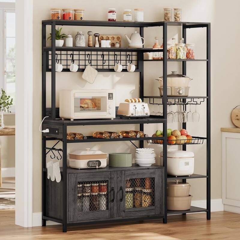 Kitchen Baker's Rack Storage Cabinet Microwave Stand Power Outlets - Grey