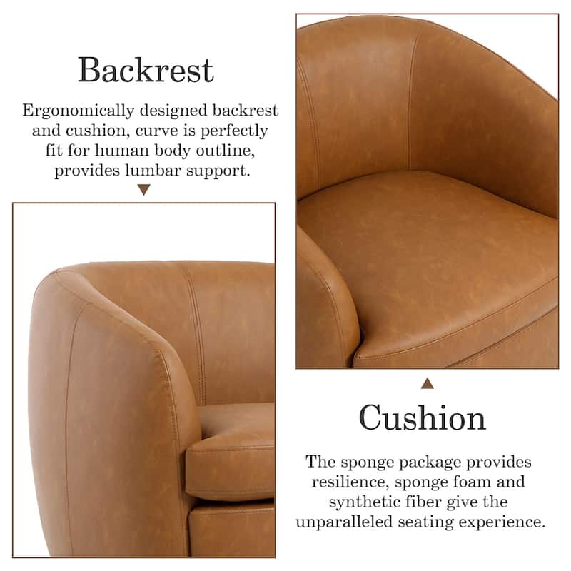 Leather Upholstered Swivel Barrel Accent Chair With Wood Base