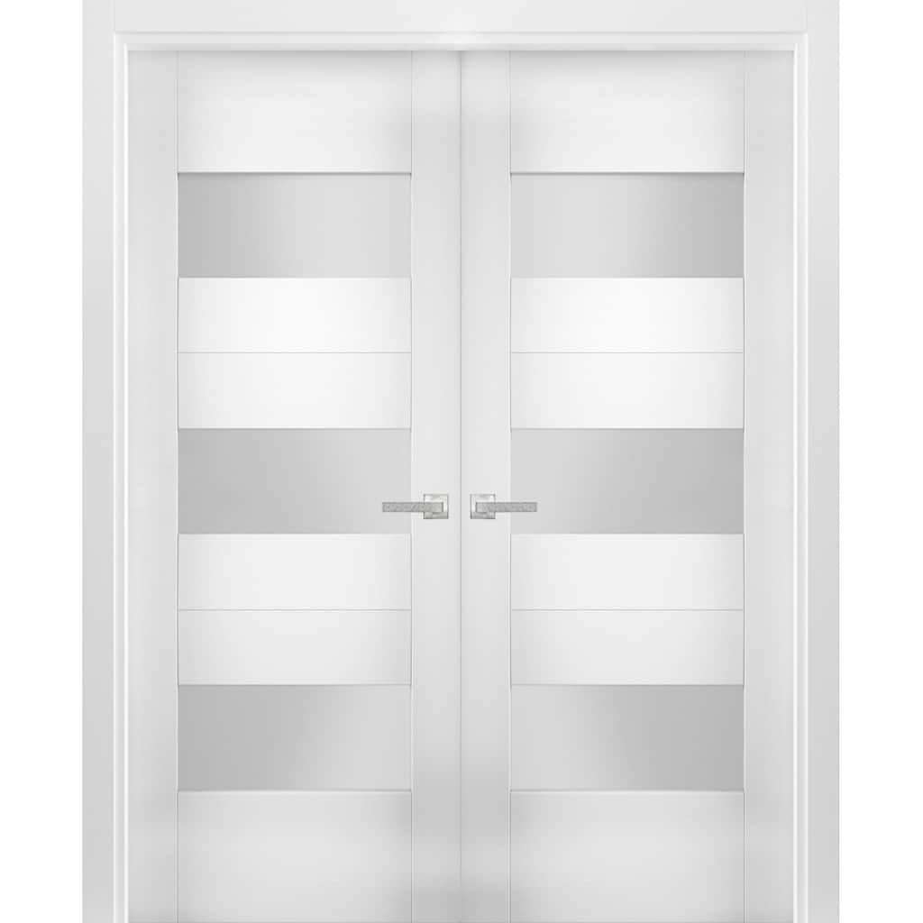 Solid French Double Doors Opaque Glass / Sete 6003 White Silk / Wood Solid Panel Frame / Closet Bedroom Modern Doors