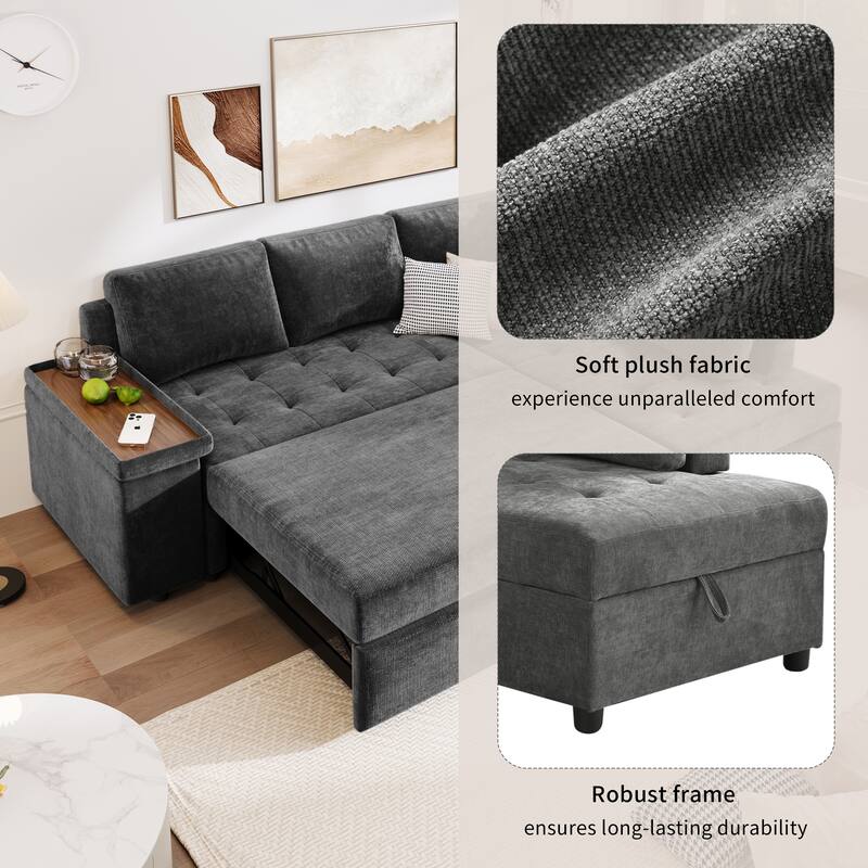 Roomfitters 91.5" L-Shaped Sectional Sofa with Pull-Out Bed, Hidden Storage and Wide Armrest, Grey