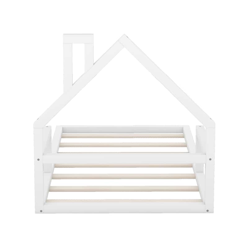 Full Size Wooden Floor Bed with House-Shaped Headboard, Sturdy Pine Frame