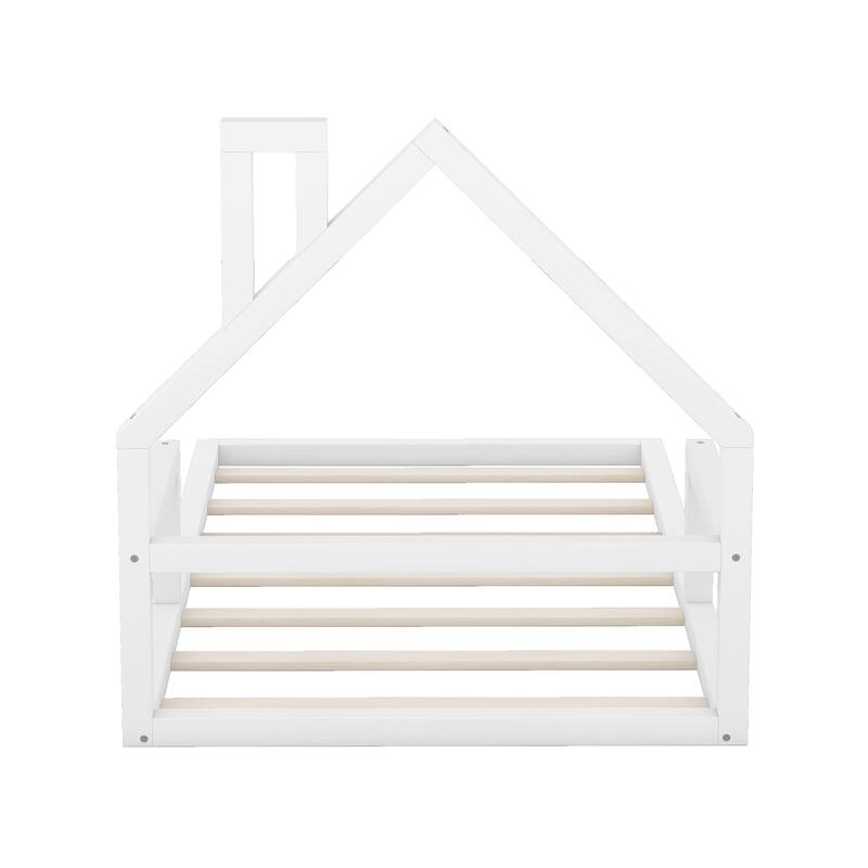 Twin/Full Wood Floor Bed with House-Shaped Headboard, Modern Bed for Kids, No Box Spring Needed, Pine Wood Frame
