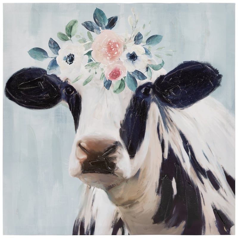 Cow with Flowers Canvas Wall Art 17.5" x 17.5"