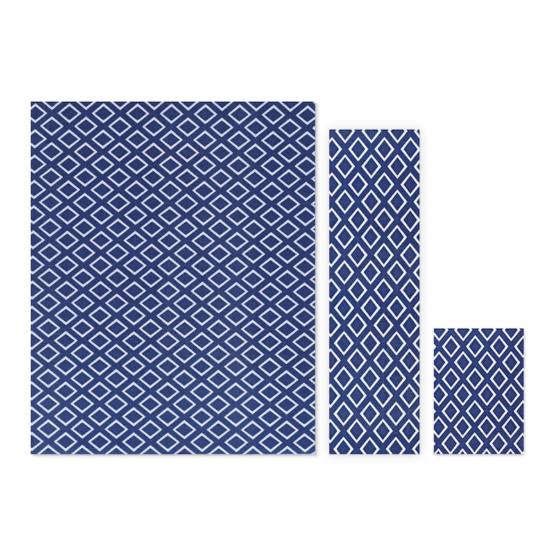Foss Floors Gem Stone 3-Piece Indoor/Outdoor Rug Set (Area Rug, Runner and Mat) - Blue/White - 59"x78" Rug, 23.6"x72" Runner, 23.6"x35.8" Mat