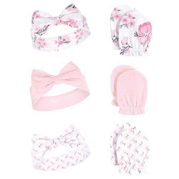 slide 1 of 1, Hudson Baby Infant Girl Cotton Headband and Scratch Mitten 6pc Set, Pink Floral, 0-6 Months - Pink Floral Pink Floral - 0-6 Months