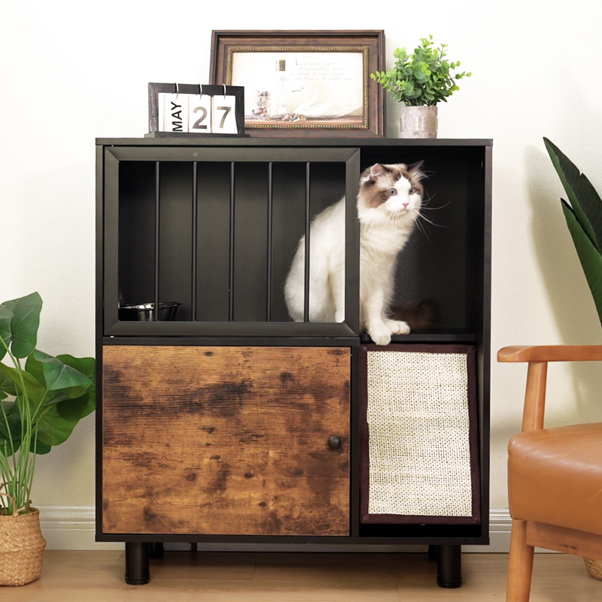 Cat feeding station, feeding station with cat scratching board