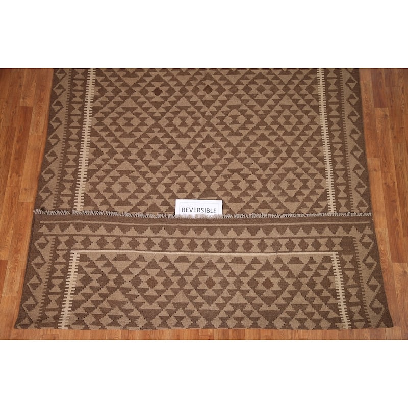 Geometric Kilim Brown Area Rug Flat-weave Wool Carpet - 6'6" x 10'0"