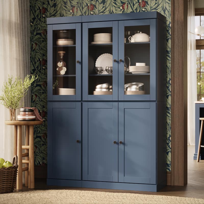 Palace Imports 100% Solid Wood 48.5" Pantry Cabinet with Clear Glass, Shaker Doors and Adjustable Shelves - Antique Blue