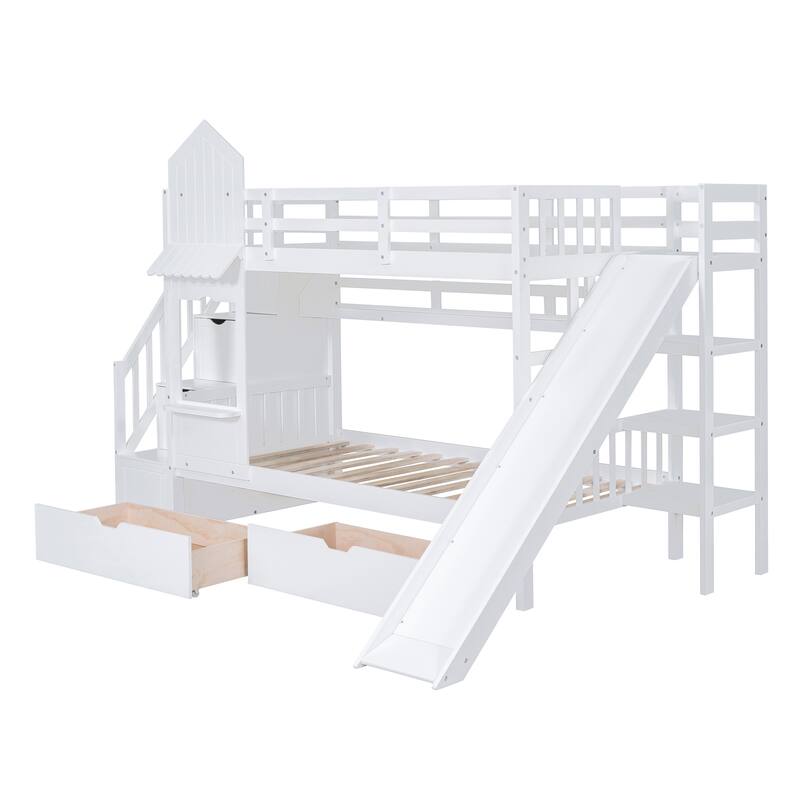 Twin-Over-Twin Castle Style Bunk Bed with Drawers, Shelves, and Slide in White