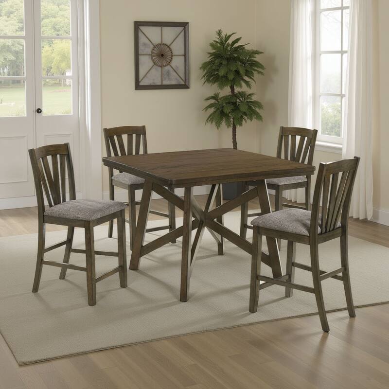 Kana 5pc Counter Height Table Set, Brown Wood, 4 Gray Fabric Chairs