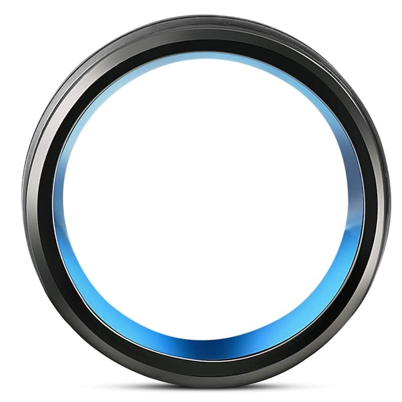 Men's Black & Blue Tungsten Ring Brushed Beveled Step Cut Wedding Band