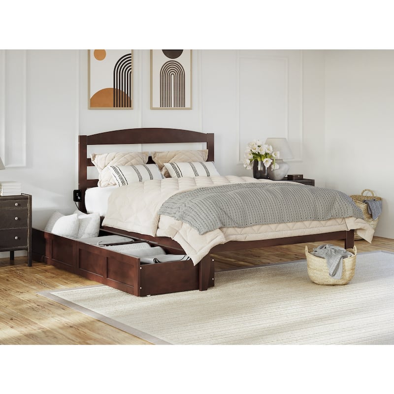 Platform Bed with Drawers, Full Size Bed Frame, Solid Wood & Veneer, Walnut Finish, Modern Bedroom Furniture