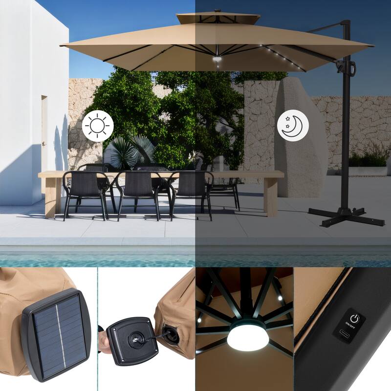 VredHom 11X11 FT Outdoor Square Cantilever Patio Umbrella Aluminum Solar LED Light with HDPE Base
