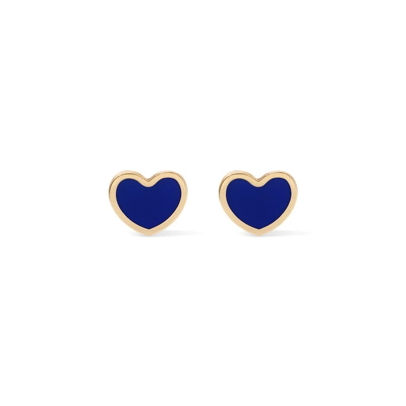 Curata Italian Solid 14k Yellow Gold 7mm Inlaid Genuine Gemstone Stud Earrings - Dark Blue Lapis