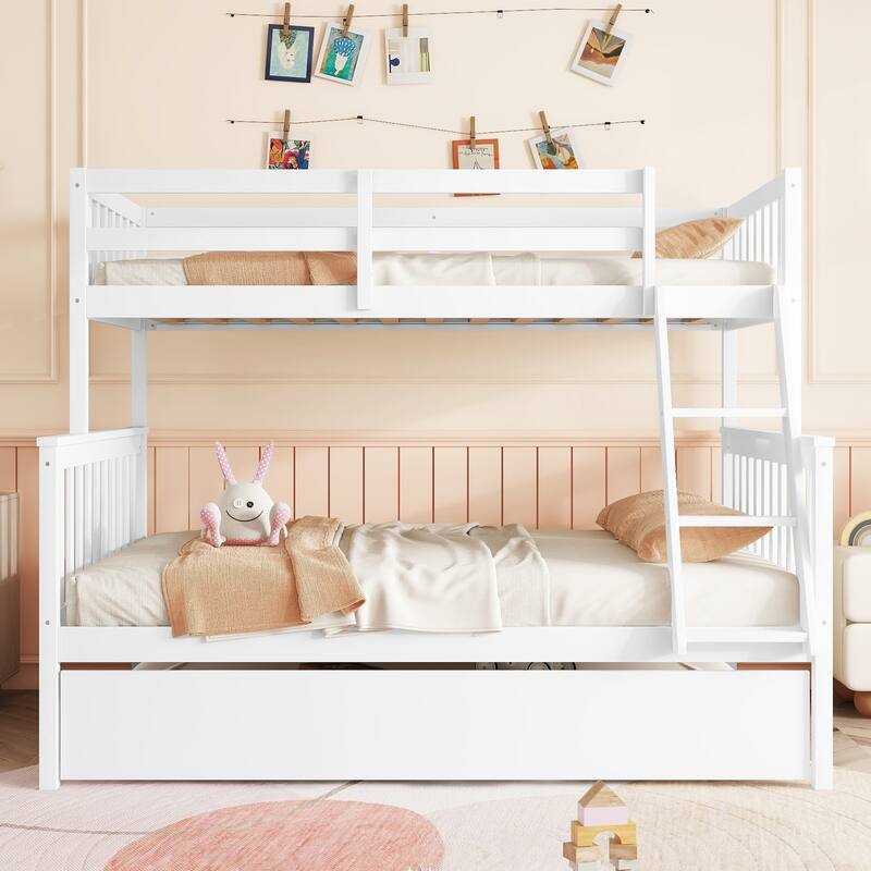 Twin Over Full Rubber Wood Bunk Bed with Trundle, Convertible Ladder and Guardrail, Detachable, Convertible Bed - White