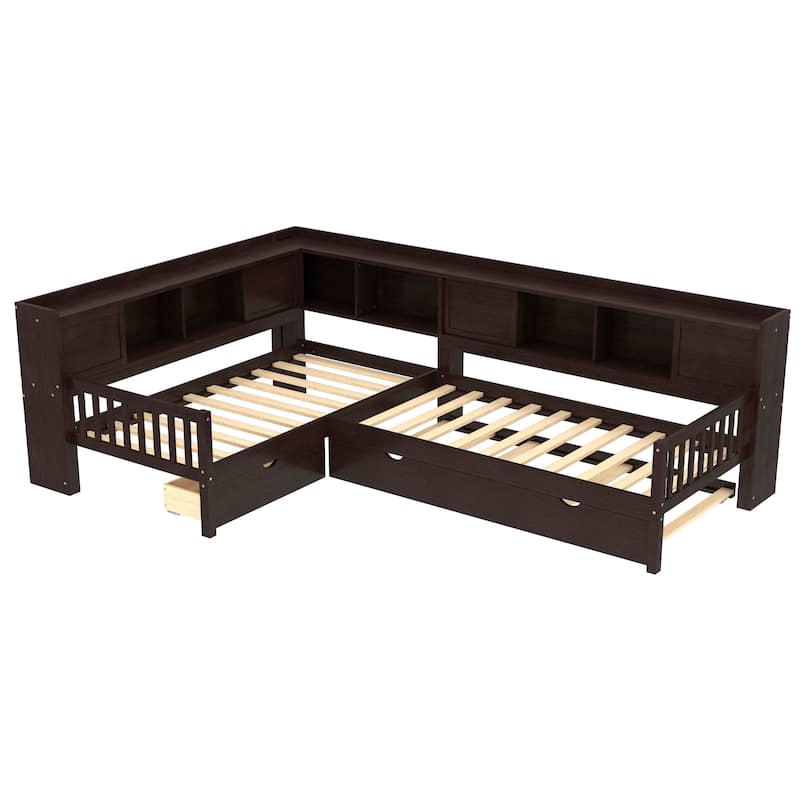 Roomfitters L-Shaped Twin Platform Bed with Trundle, Corner Bed Frame with Storage Drawers and Shelves