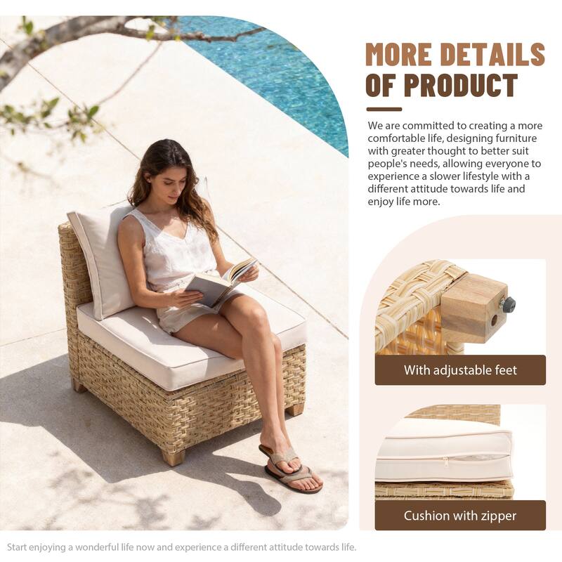 Outdoor Conversation Set L-Shaped Corner Sectional Sofa 6-Piece Patio Modular Sofa and Coffee Table PE Wicker Rattan Acacia Wood