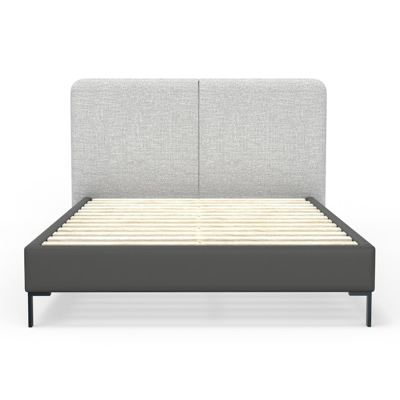Medieval Majesty Bed - Low Profile Platform Bed - Faux Leather & Linen - Metal Legs - 69"W x 84"D x 51"H