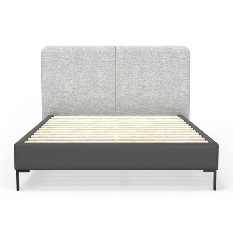 Modern Platform Bed - Grey Linen Headboard & Faux Leather Footboard - Metal Leg Bed Frame - 74" Wide