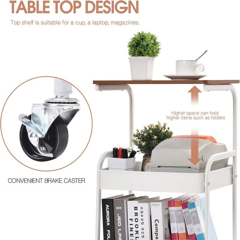 Utility Cart with Wooden Table Top 3 Tier Metal Rolling Storage Cart - 16"D x 8"W x 28"H