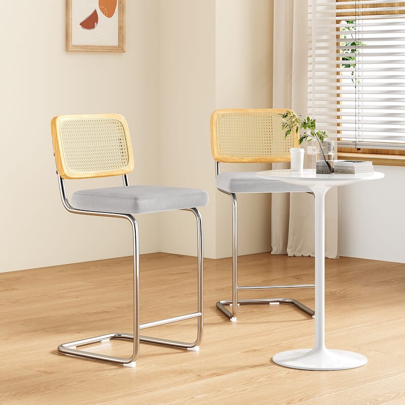 Counter Height Bar Stools Set of 2, Upholstered Velvet Barstools with Rattan Back, 24 inch Stools Armless Bar Chairs - Light Gray