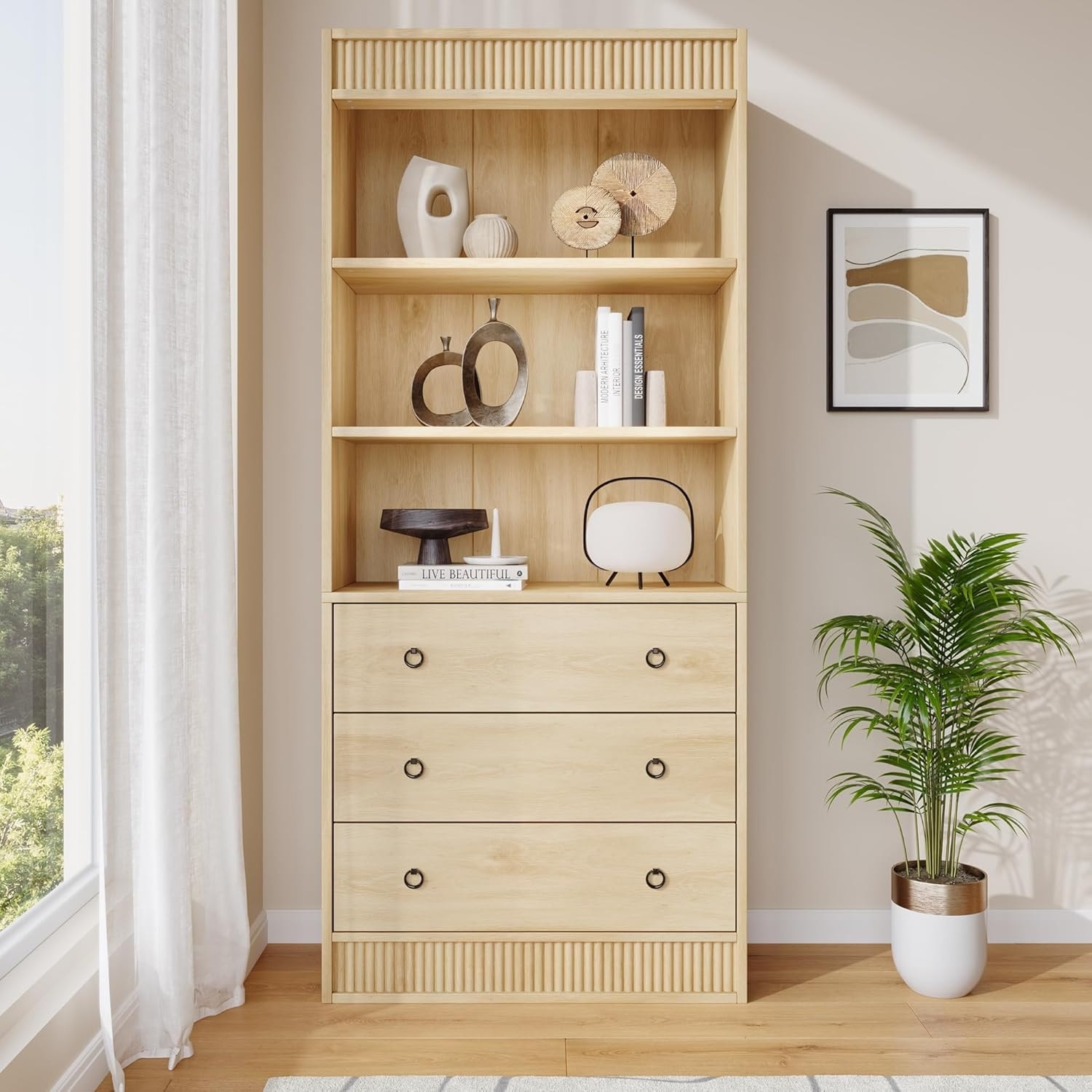 70.8 Inch Tall Fluted Bookshelf with Open Shelves and Storage Drawers,6 Tier Bookcase with Waved Design,Easy to assemble