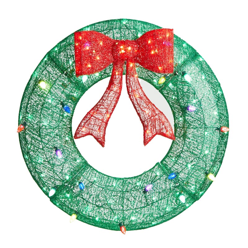 Glitzhome 35"H Lighted Christmas 3D Mesh Wreath Decor with 130 LED Lights - 3D Mesh Wreath
