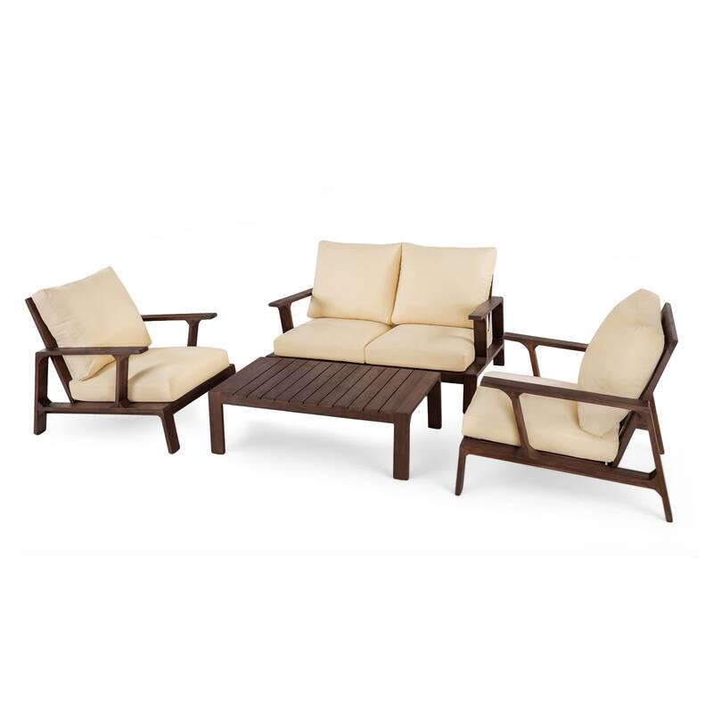 Roomfitters 4 Piece Outdoor Patio Conversation Set with Solid Acacia Wood Frame and Cushions