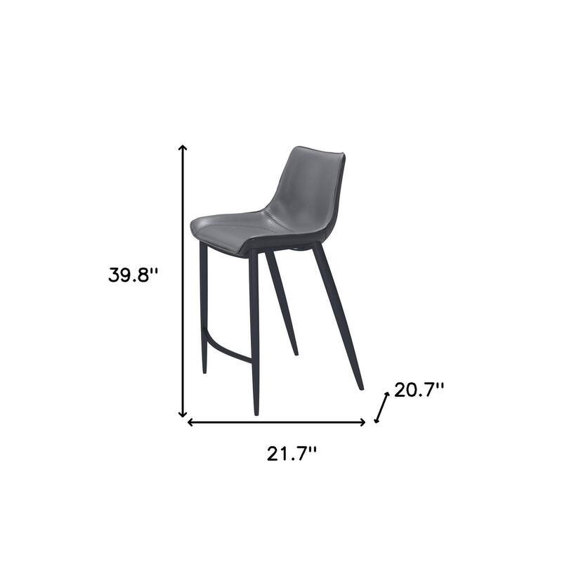 Set of Two 26" Dark Gray And Black Faux Leather And Steel Counter Height Bar Chairs