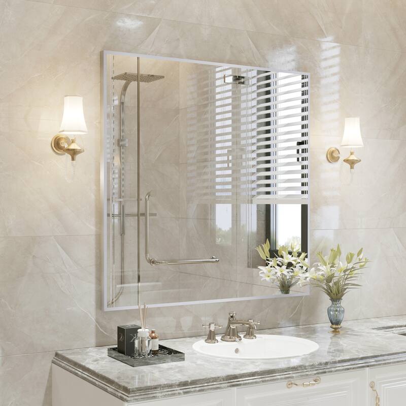 QuivaraView Wall Mounted Aluminum Frame Bathroom Vanity Mirror - 36" x 36" - Silver