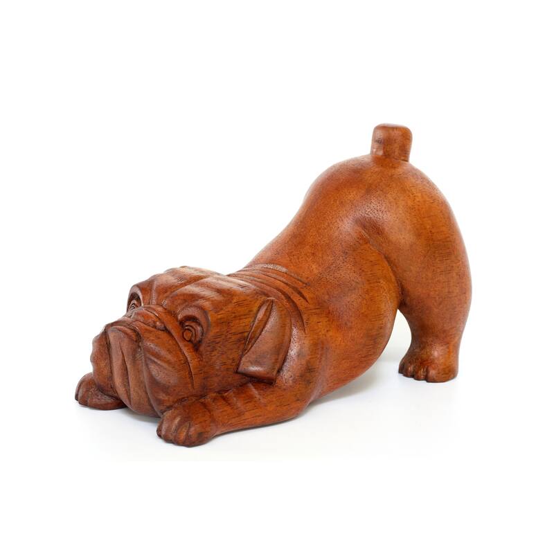 Wooden Hand Carved Crouching English Bulldog Statue Figurine Sculpture Art Decorative Home Decor Accent Handmade Wood Dog