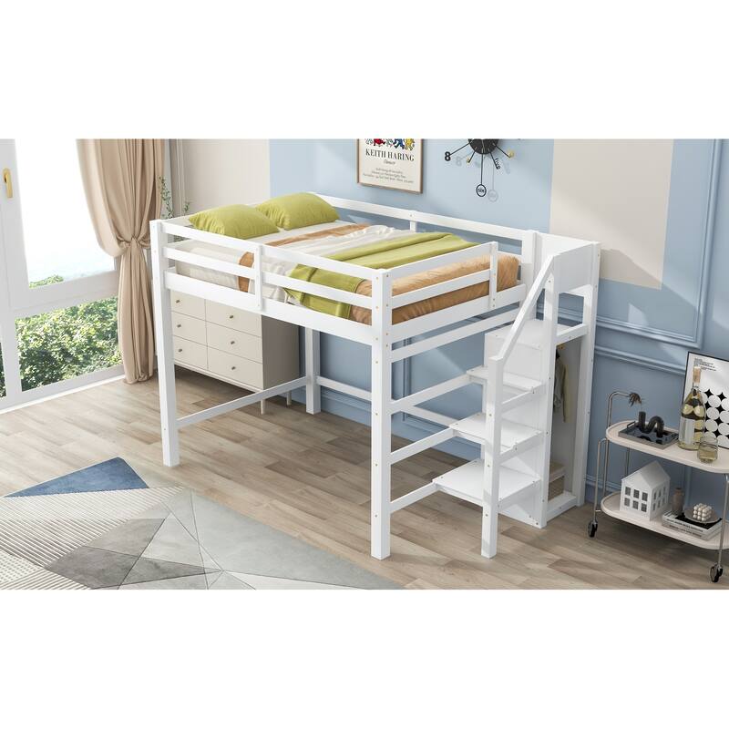 White Full Size Loft Bed with Storage Wardrobe & Staircase, Space-Saving Design
