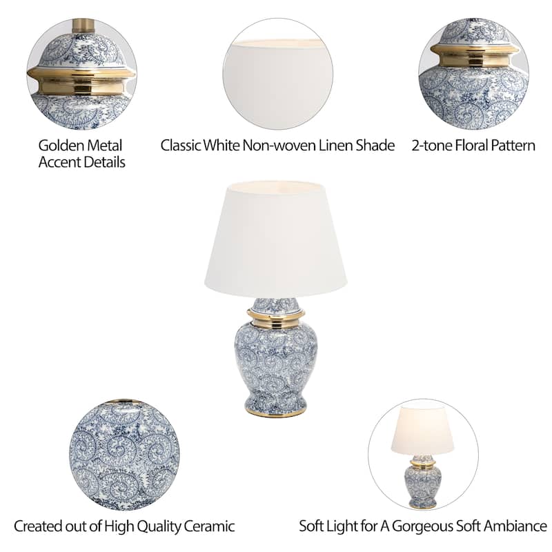 Sagebrook Home Traditional 19" Chinoiserie Table Lamp Contemporary Blue and White Ceramic Lamp with White Lamp Shade