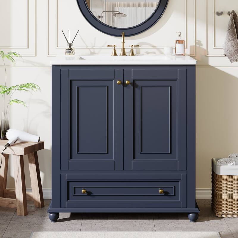 Solid Wood Modern Bathroom Vanity with Ceramic Sink, Adjustable Shelf Storage - 30 Inch - Blue