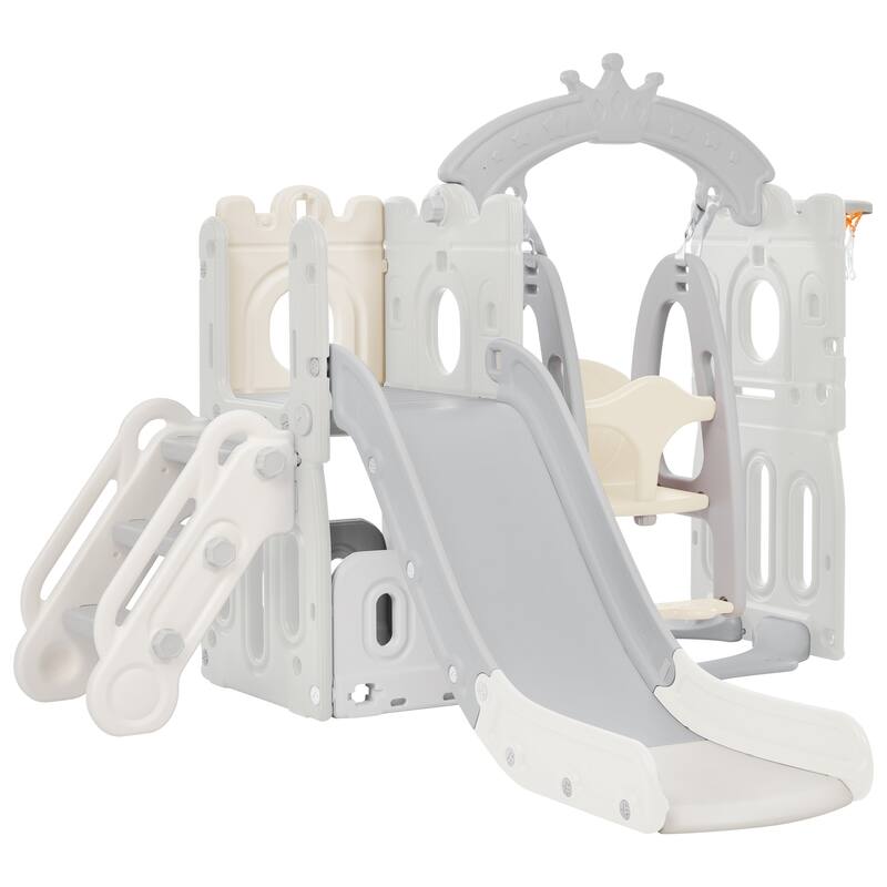 5 In 1 Toddler Slide And Swing Set, Freestanding Climber Slide Playset With Basketball Hoop, Indoor Outdoor Playground - grey