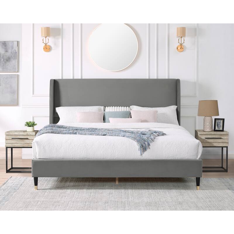 Gray Velvet Wingback Platform Bed, Queen,Assembly Required