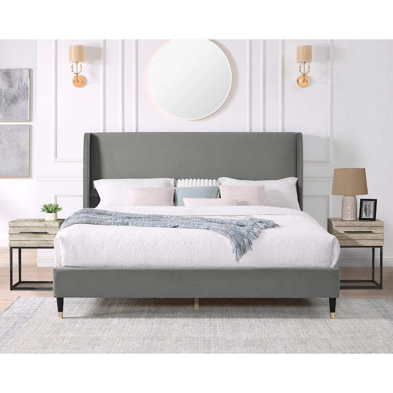 Queen Size Modern Style Platform Bed with Wingback Design Velvet Headboard for Bedroom