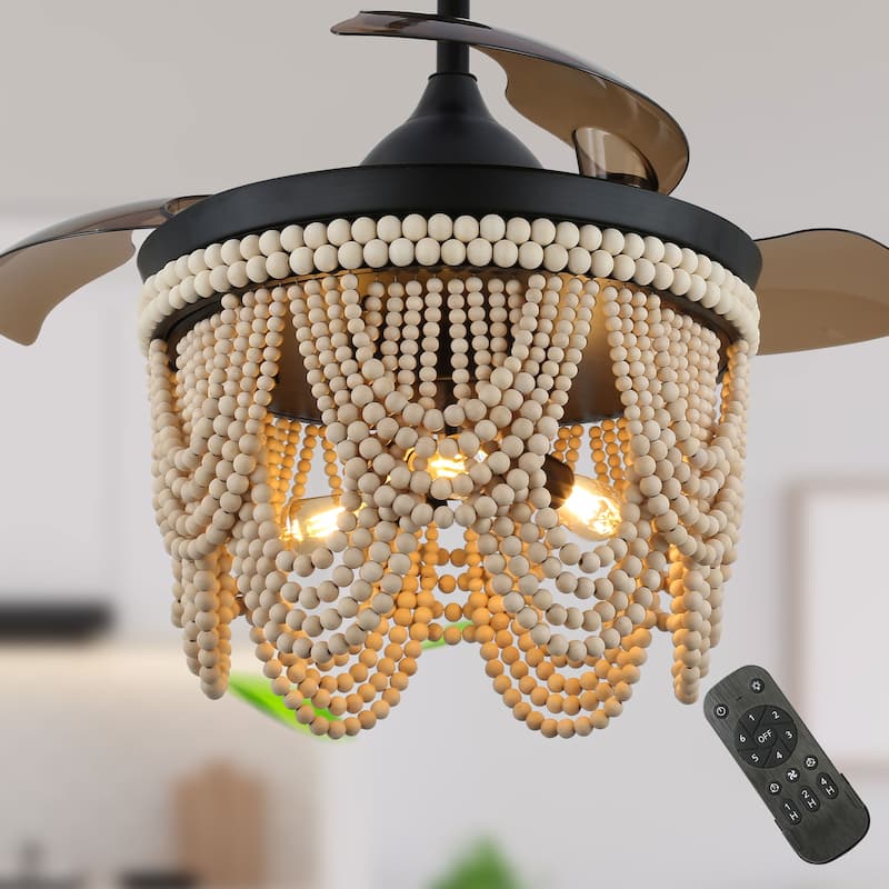 Bella Depot 42" Bohemian Retractable Ceiling Fan with Remote and Light 6-speed Modern Wood Chandelier