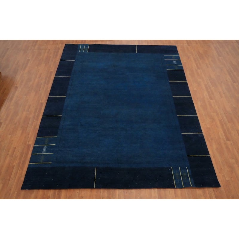Hand Knotted Oriental 100% Wool Carpet Modern Geometric Navy Blue & Blues Gabbeh Area Rug - 12' 9'' X 9' 10''