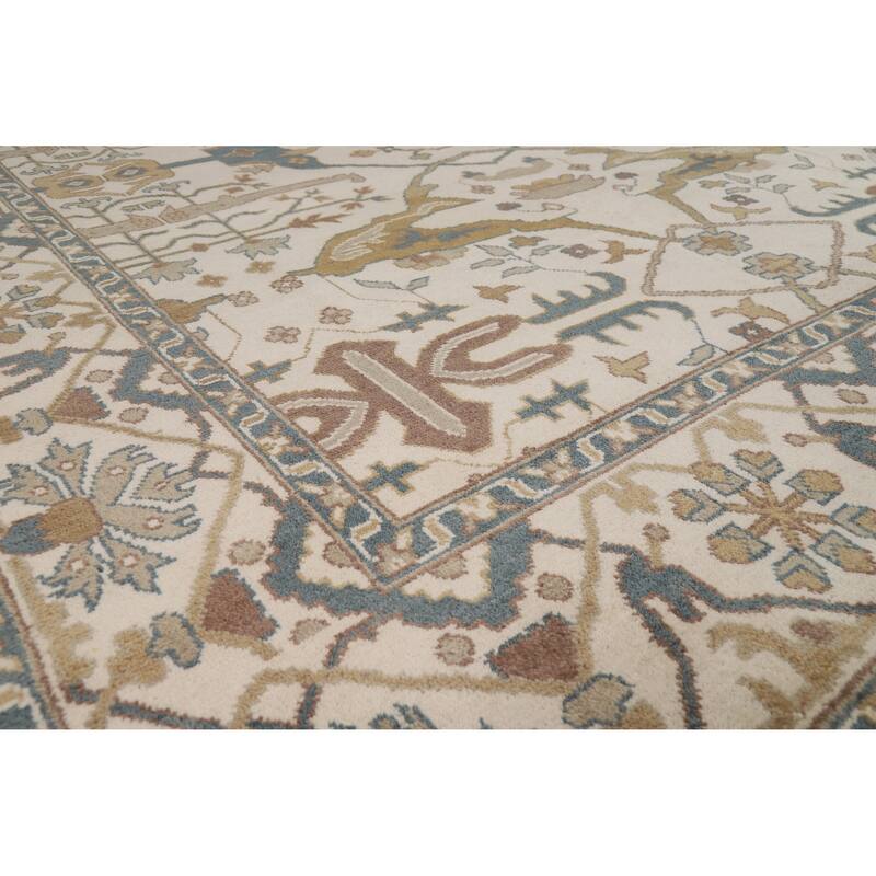 All-Over Ivory Oushak Indian Area Rug Hand-Knotted Wool Carpet - 8'11" x 12'0"