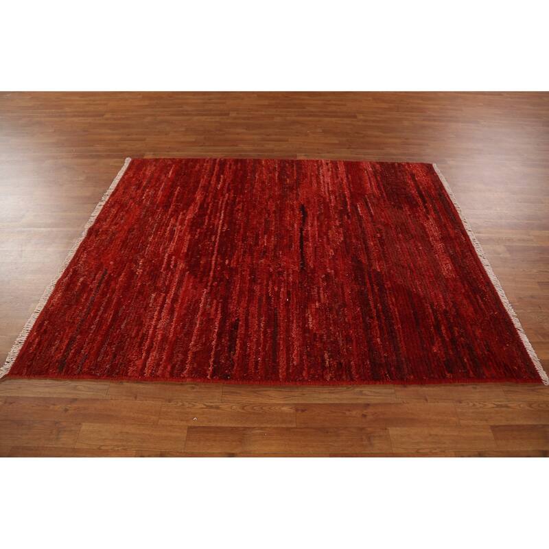 Hand Knotted Oriental 100% Wool Carpet Modern Stripe Red Moroccan Area Rug - 6' 4'' X 5' 2''