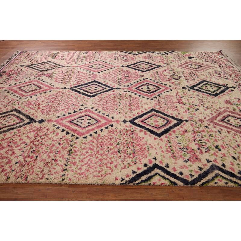 Beige & Pink Moroccan Oriental Area Rug Handmade Wool Carpet - 9'0" x 12'7"