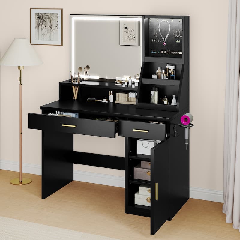 Moasis Makeup Vanity Desk with Mirror and Lights, Dressing Table with 2 Storage Drawers & Hairdryer Holder