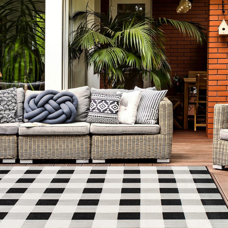 Plaid Checkered Indoor/Outdoor Flatweave Waterproof Backyard Patio Area Rug