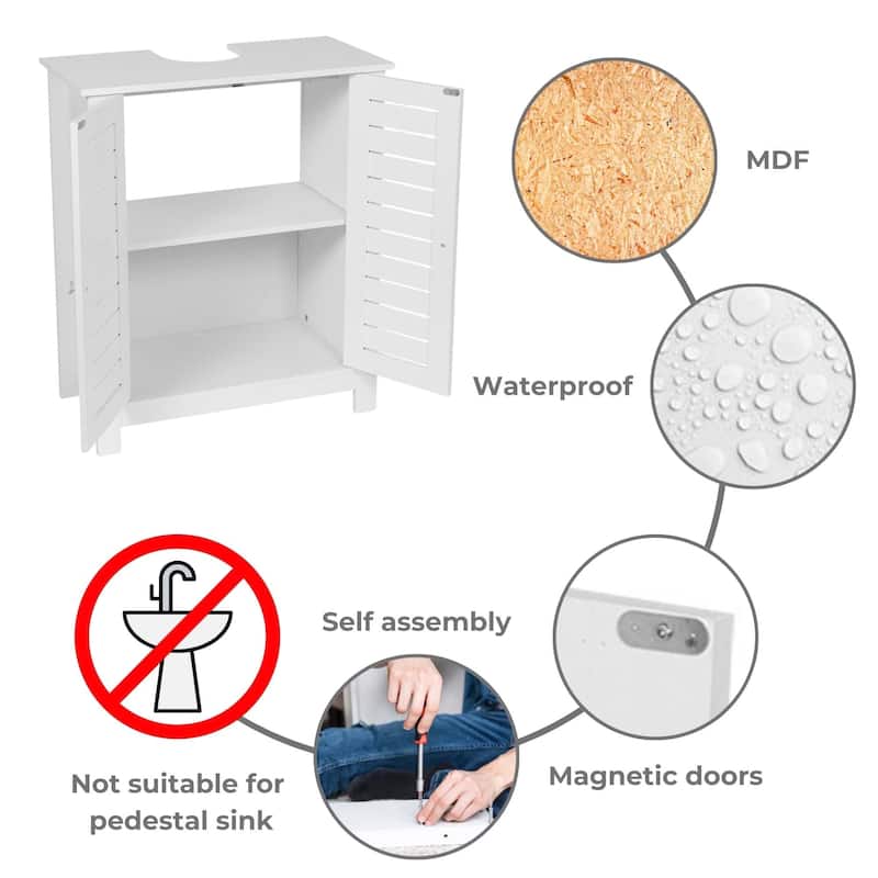 Santorin White Bathroom Vanity Under Sink Cabinet with U-Shaped Cut-Out, Double Vented Doors - 24"L x 11.8"D x 27.9"H