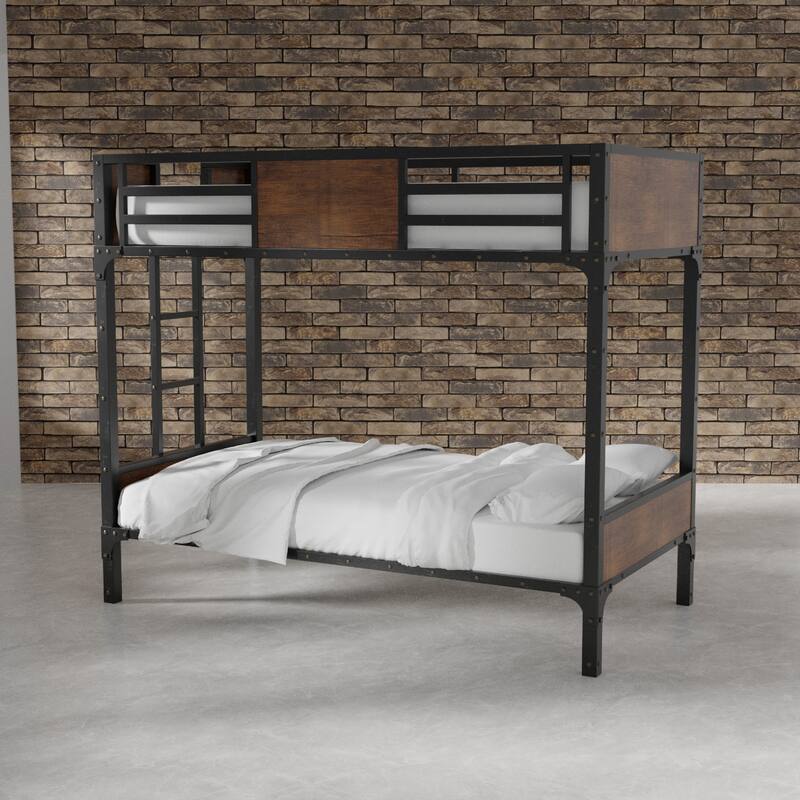 Jown Industrial Black 3-Piece Gel Memory Mattress & Metal Bunk Bed Set by Furniture of America - Twin over Twin - 6-inch Mattress