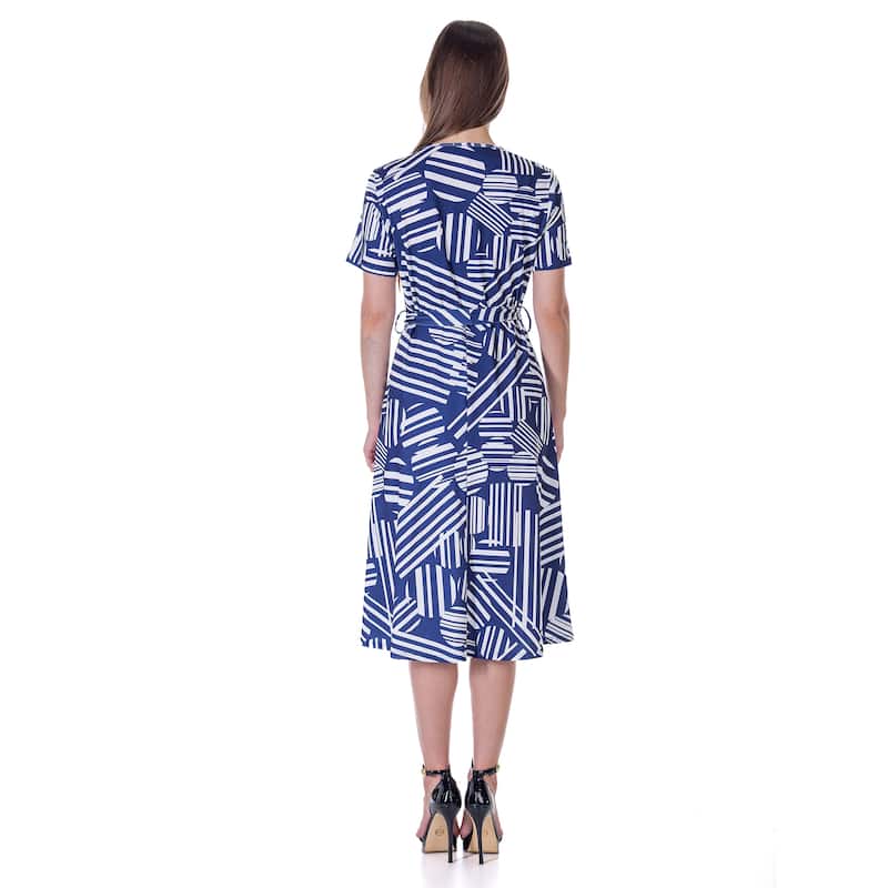24seven Comfort Apparel Womens Navy and White Short Sleeve Tie Waist Midi Dress