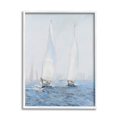 Stupell Beautiful White Sailboats Drifting Ocean Waves Painting Framed Wall Art - Grey