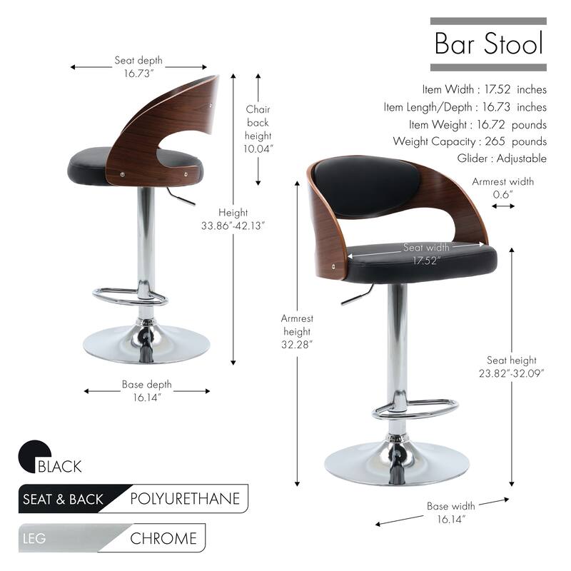 Porthos Home Ezra Height Adjustable Bar Stool, PU Leather, Chrome Base